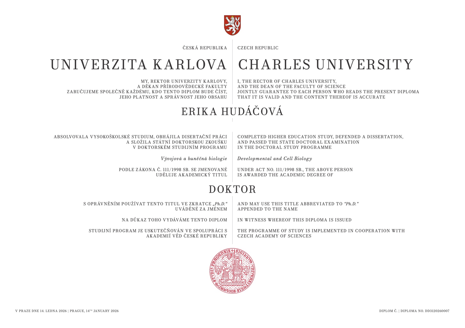 PhD diploma from Charles University, Prague, awarded to Erika Hudáčová