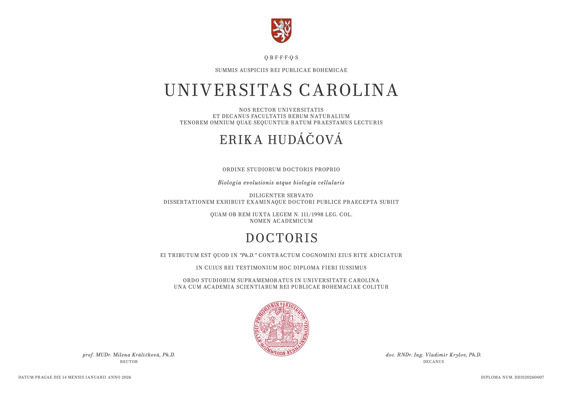 PhD diploma from Charles University, Latin version